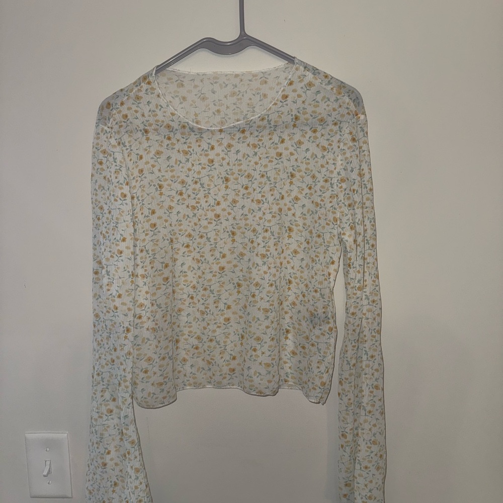 Floral Long-Sleeve Crop Top - Cream with Yellow Floral Print